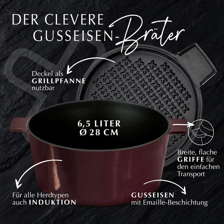 Stanley Rogers Cocotte runder Gusseisen Bräter emailliert 6,5l 28cm bordeaux I Praktische Grillpfann