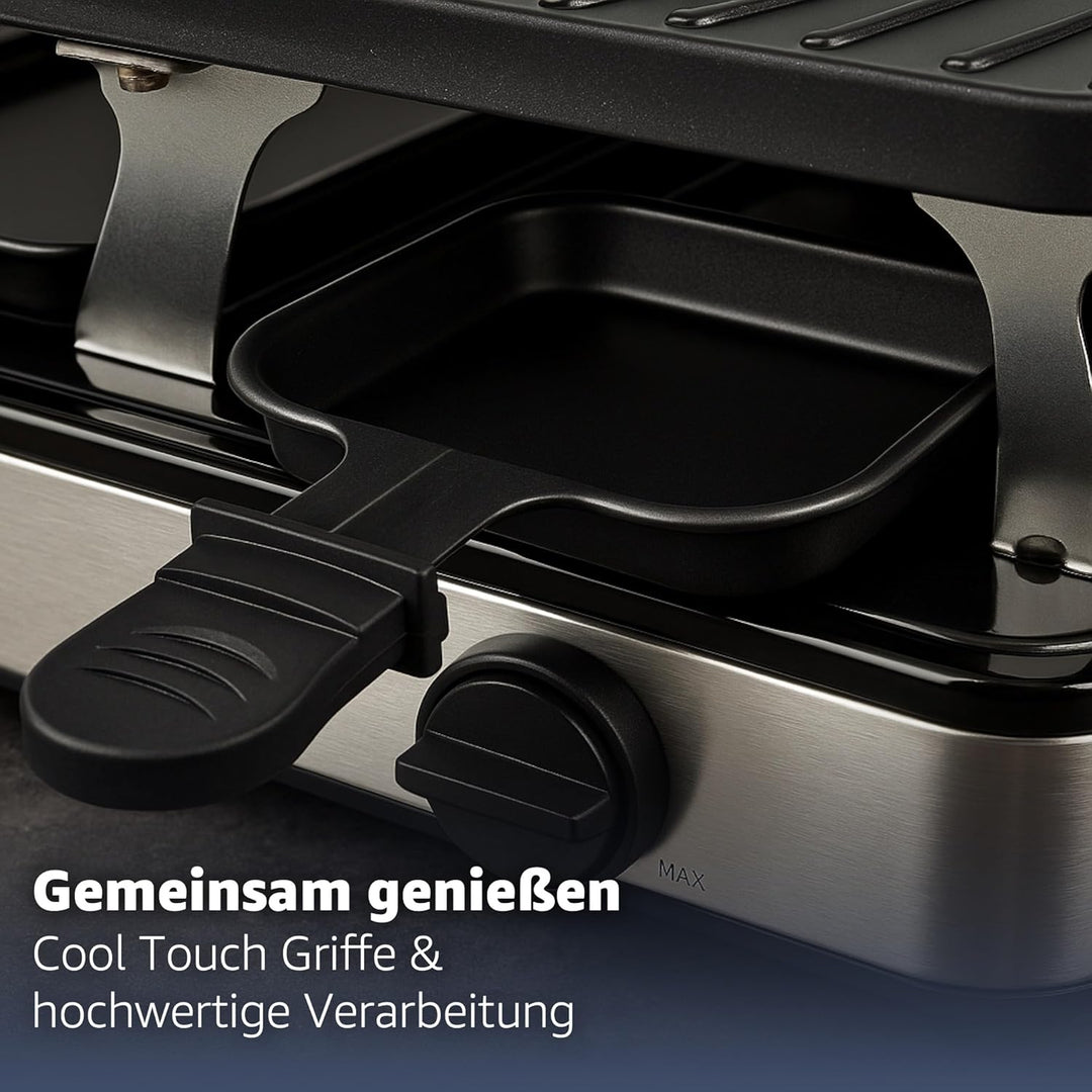 Raclette 8 Personen Set - Mit Tischgrill & Grillplatte & Steinplatte Funktion - inkl. Pfännchen & Sc