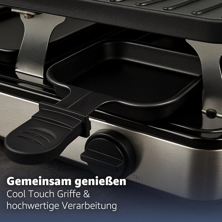 Raclette 8 Personen Set - Mit Tischgrill & Grillplatte & Steinplatte Funktion - inkl. Pfännchen & Sc