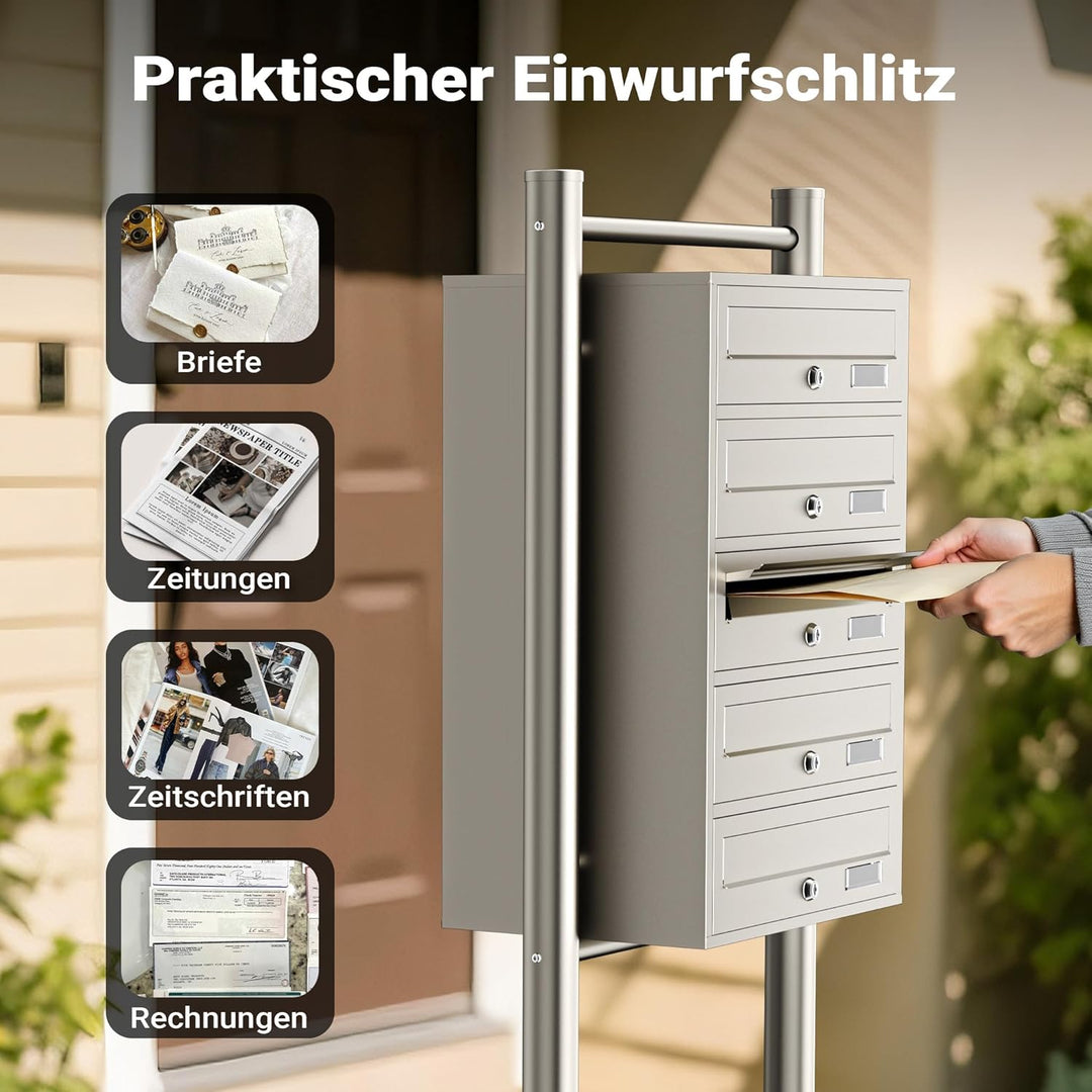 Wiltec 5er Briefkastenanlage Edelstahl 556 x 270 x 1500 mm, Standbriefkasten mit 5 Fächern, Schlüsse