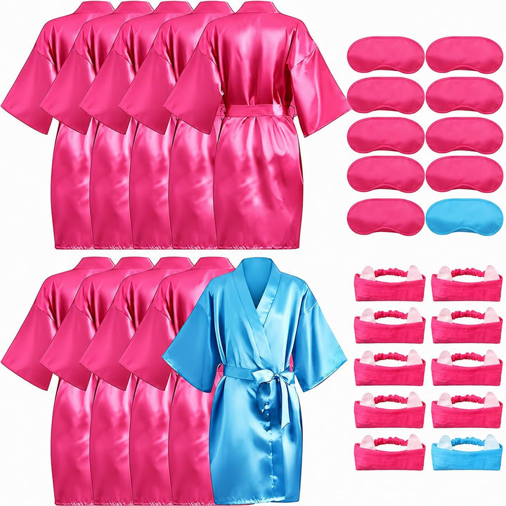 LYCN 10 Stück Spa Bademantel Mädchen, Satin Kimono Bademantel mit 10 Seiden-Augenmasken und 10 Haarb
