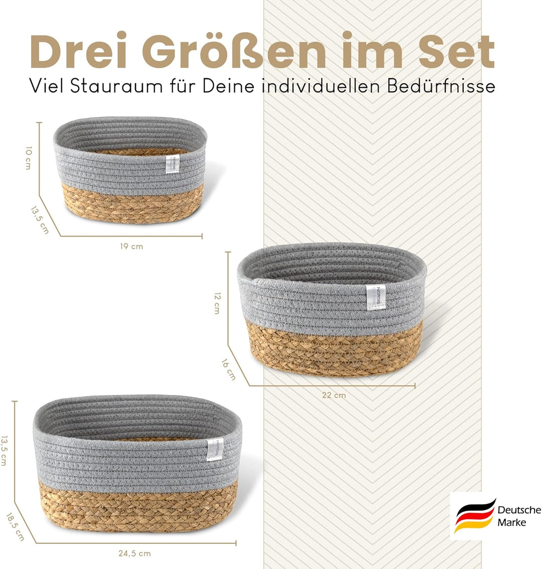 NORDIS DESIGN Aufbewahrungskörbe 3er Set aus Wasserhyazinthe und Baumwolle, Bad Aufbewahrungskorb ge