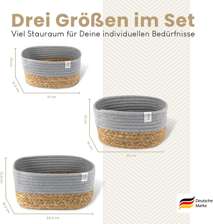 NORDIS DESIGN Aufbewahrungskörbe 3er Set aus Wasserhyazinthe und Baumwolle, Bad Aufbewahrungskorb ge