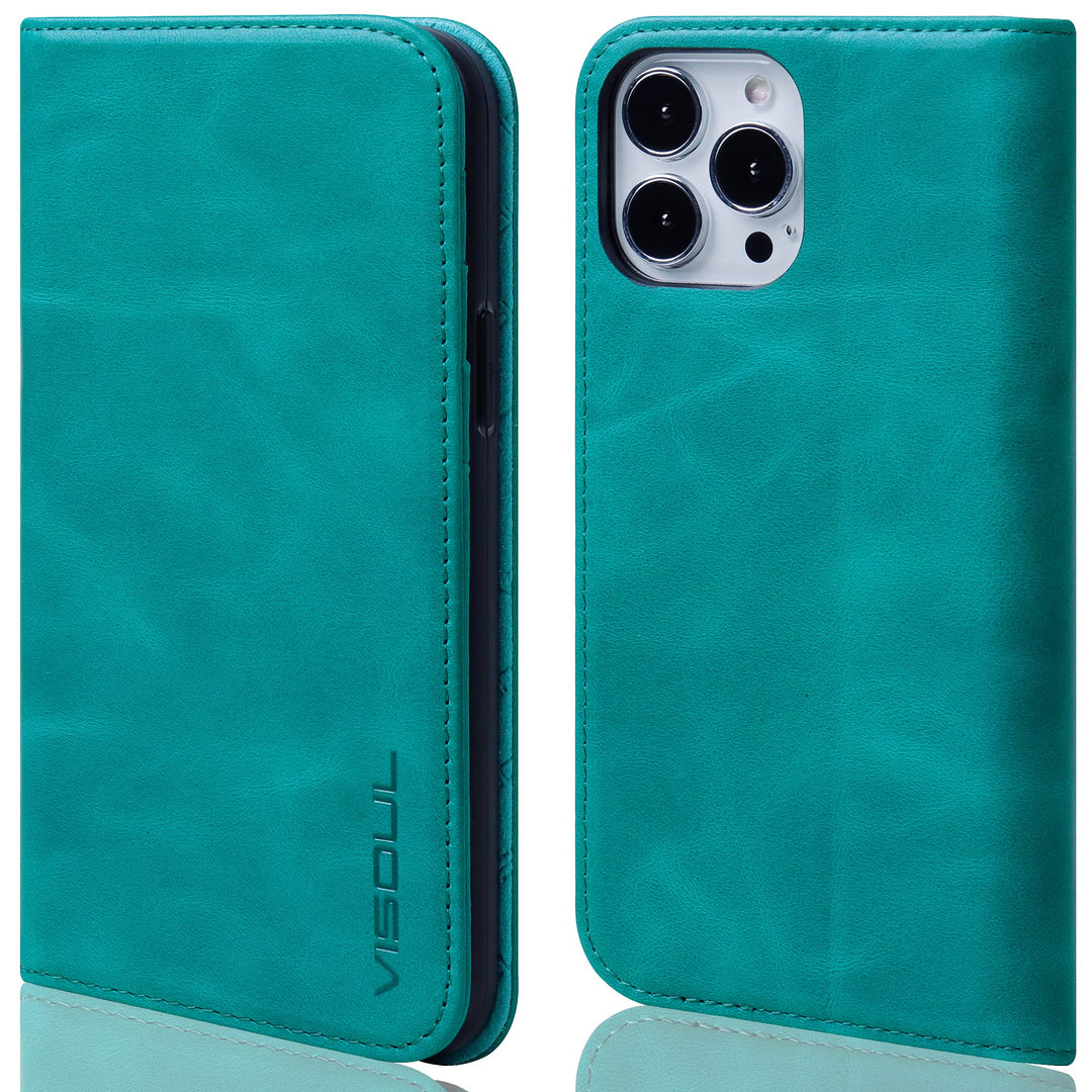VISOUL Hülle für iPhone 13 Pro Max Handyhülle Schutzhülle TPU [Echtleder] [Kartenfach] [Magnet] [Sta