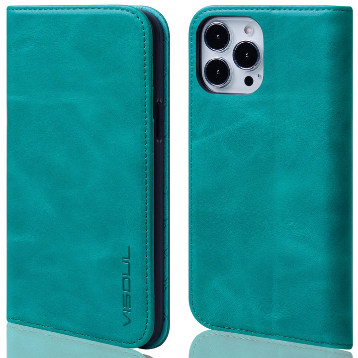 VISOUL Hülle für iPhone 13 Pro Max Handyhülle Schutzhülle TPU [Echtleder] [Kartenfach] [Magnet] [Sta