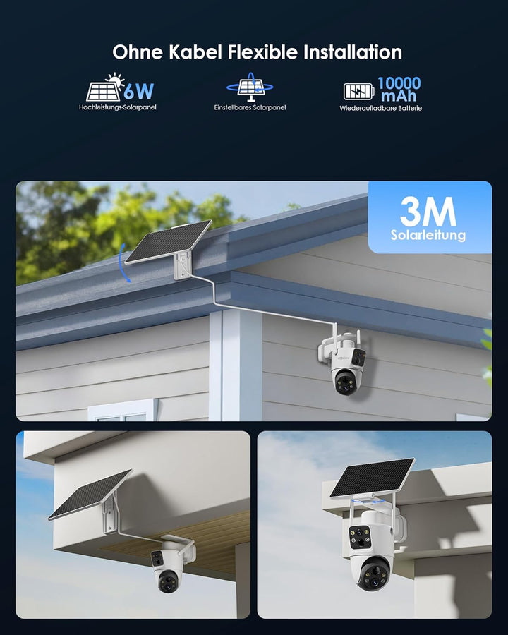 Überwachungskamera Aussen Solar, 4MP/2.4GHz WLAN Kamera Outdoor mit Dual Objektiv, Dual Bewegungsmel