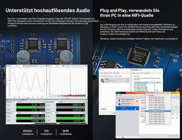 Topping E30 II DAC Vorverstärker – 2 x AK4493S Hi-Res XMOS XU208 DAC 32 Bit/768 kHz DSD512 DSD Direc