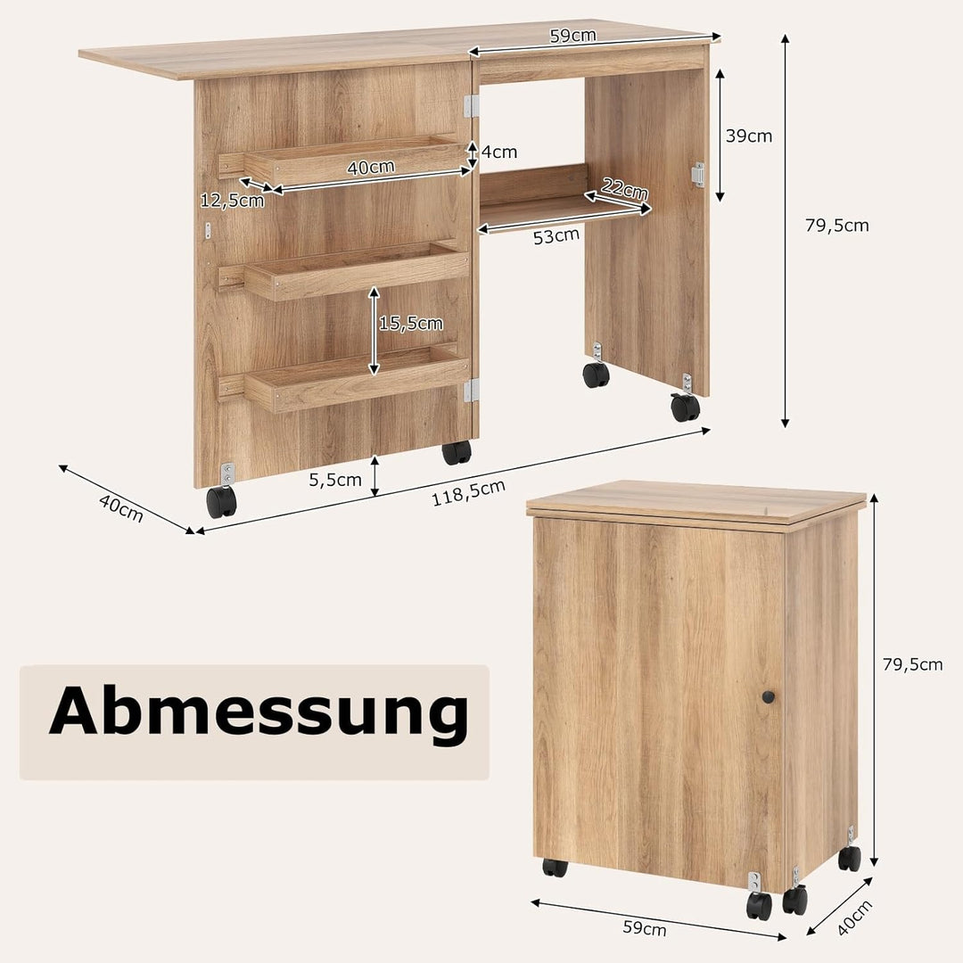 GIANTEX Nähtisch klappbar, Nähmaschinentisch auf Rollen, Nähtisch für Nähmaschine, Nähschrank Holz,