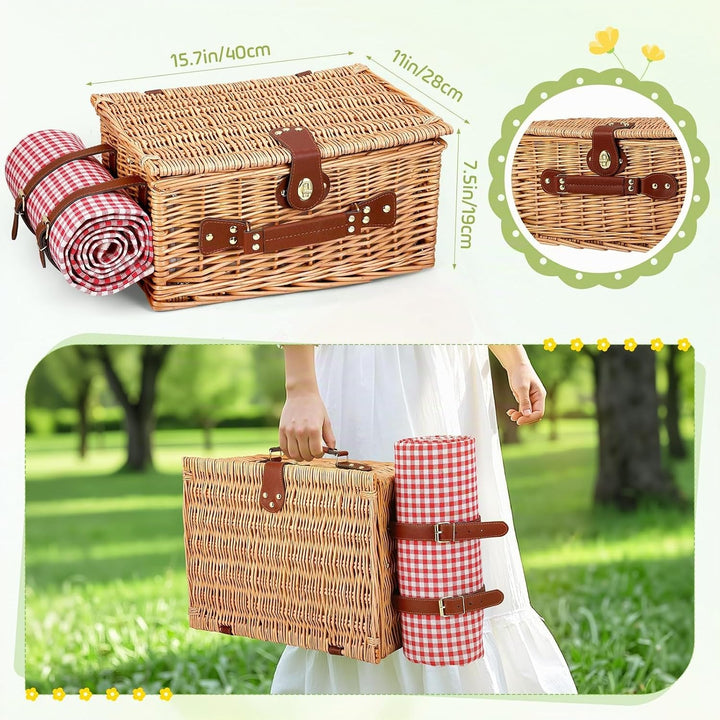 Picknickkorb für 4 Personen, handgeflochtener Korb mit eingebauter Isolierung und wasserdichter Deck