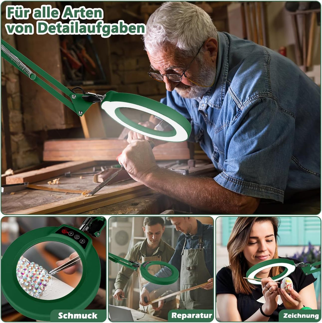 10X Lupe mit Licht und Ständer, Echter Glaslinse 2-in-1 Lupenlampe und Klemme, LED Beleuchtete Lupe