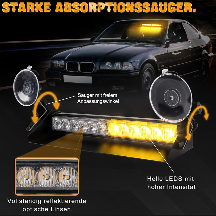 ROUTEKING Frontblitzer Warnleuchte 12 LED - 35.6cm 9 Blinkmodi Blitzleuchte, 2 Saugnäpfe Hohe Intens