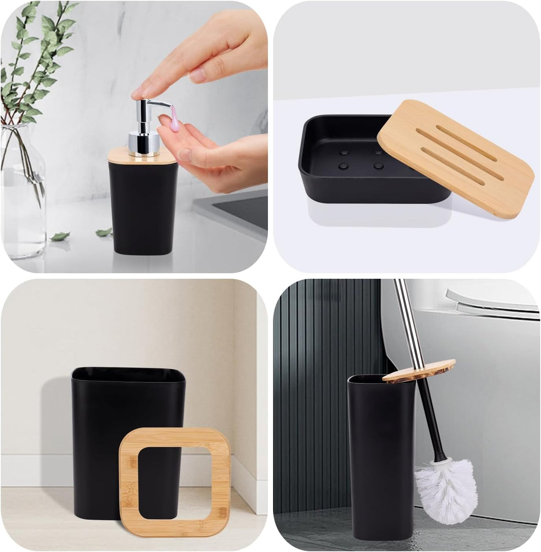 Badezimmer Zubehör Set 7Pcs Waschraum Zubehör Set aus Bambus, Lotion-Flaschen, Zahnbürstenhalter, Za