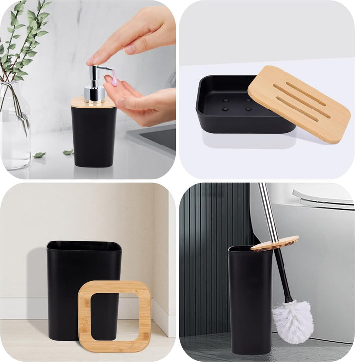 Badezimmer Zubehör Set 7Pcs Waschraum Zubehör Set aus Bambus, Lotion-Flaschen, Zahnbürstenhalter, Za