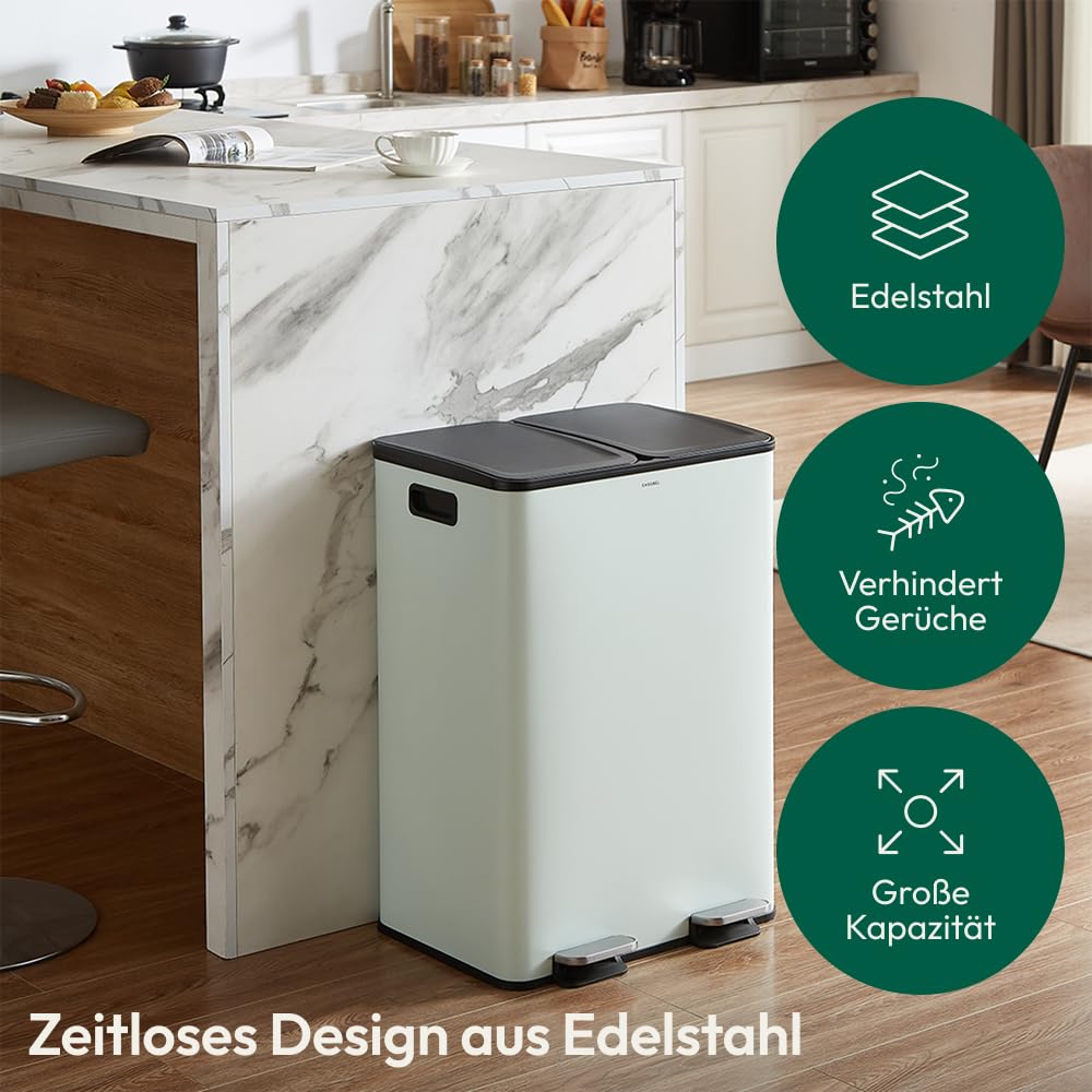 CASABEL Mülleimer Küche Mülltrennung 60L – 2x30L Doppelkammer mit Pedal, Edelstahl Mintgrün, Abfalle