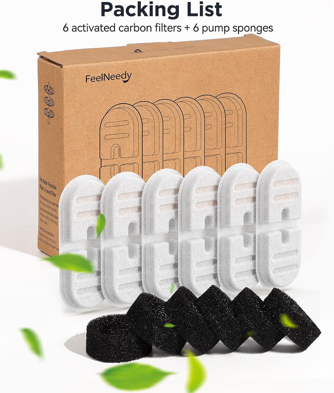 FEELNEEDY 6 Pack Filter & 6 Pack Schwämme Filterersatz für für 2.8L Edelstahl Katzenbrunnen FN-W22