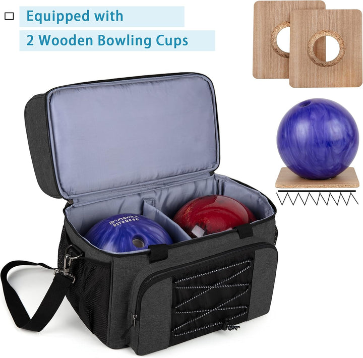 DSLEAF Bowlingtasche für 2 Bälle mit Holzballhalter und gepolsterter Trennwand, EIN Paar Bowlingschu