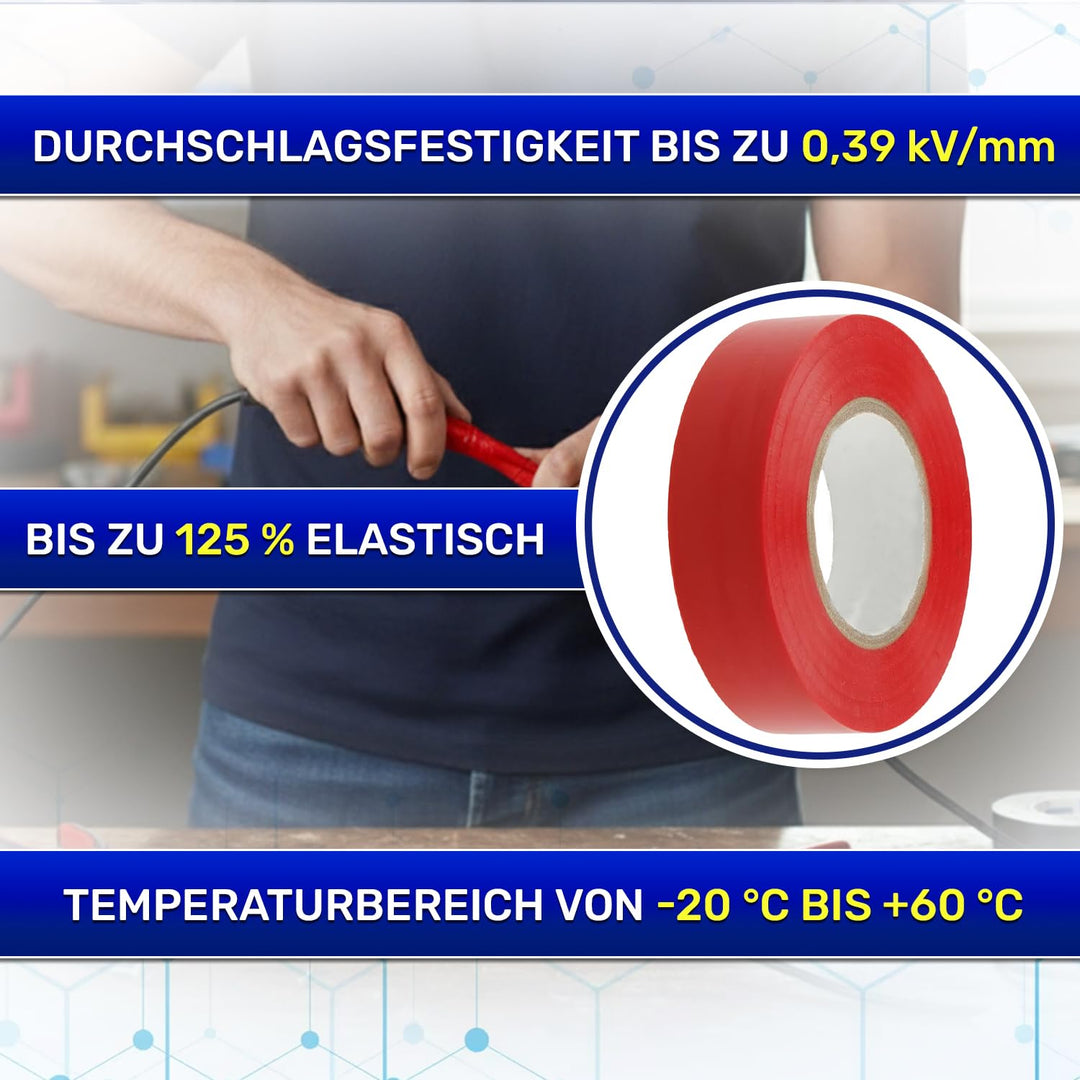 MONTERAL 6 Stück Elektro Isolierband Rot 19 mm x 20 m Dicke 0,13 mm - Isolierband Wasserdicht für Pr