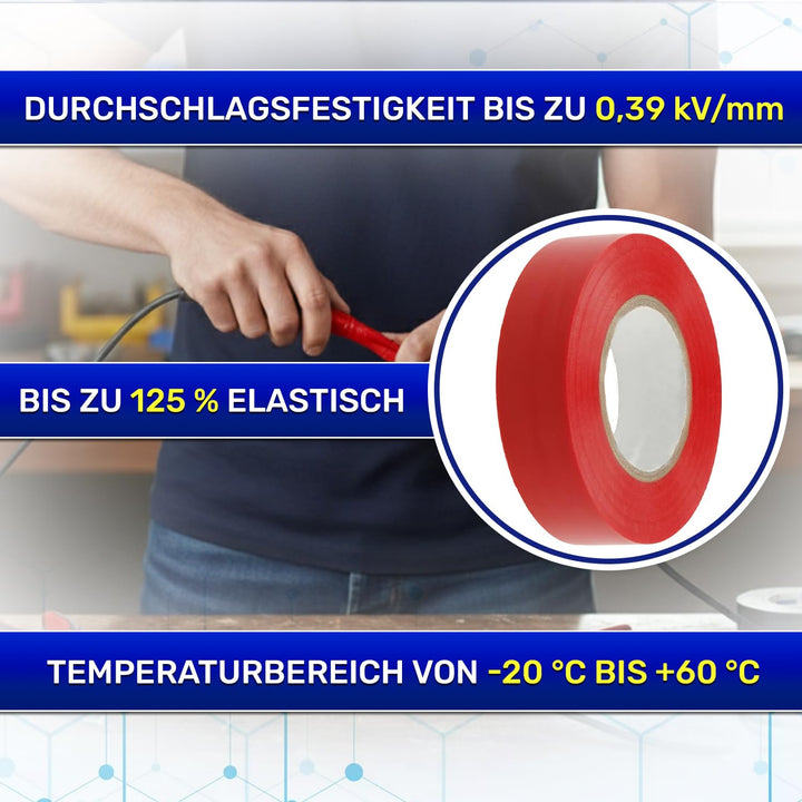 MONTERAL 6 Stück Elektro Isolierband Rot 19 mm x 20 m Dicke 0,13 mm - Isolierband Wasserdicht für Pr