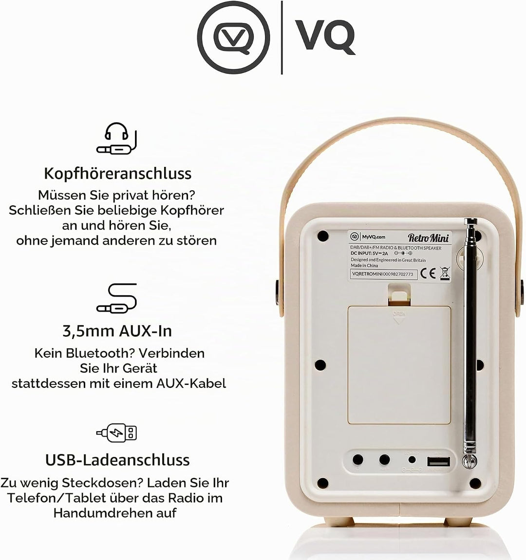 VQ Retro Mini Tragbares Radio mit Bluetooth-Lautsprecher und 60 Voreinstellungen. Enthält ein DAB-Ra