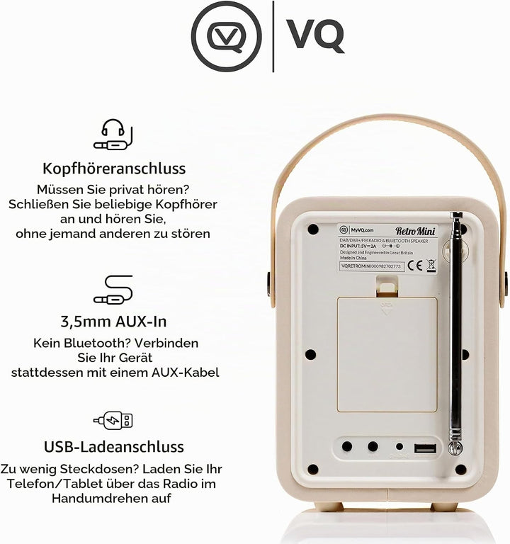 VQ Retro Mini Tragbares Radio mit Bluetooth-Lautsprecher und 60 Voreinstellungen. Enthält ein DAB-Ra