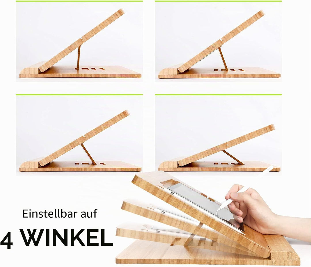 ELETIUO Tablet-Ständer, verstellbar, faltbar, mehrere Winkel, Bambusholz, Organizer, Schreibtischhal