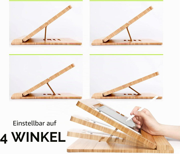 ELETIUO Tablet-Ständer, verstellbar, faltbar, mehrere Winkel, Bambusholz, Organizer, Schreibtischhal