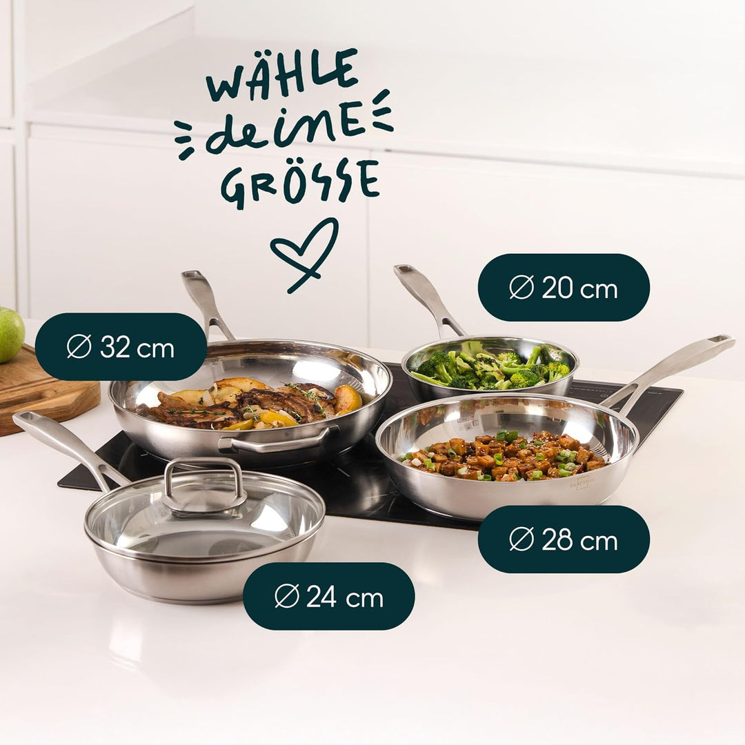 SILBERTHAL Pfannen Set 4 teilig - Edelstahlpfanne Unbeschichtet | 20, 24, 28 &amp; 32 cm - Induktionsgee