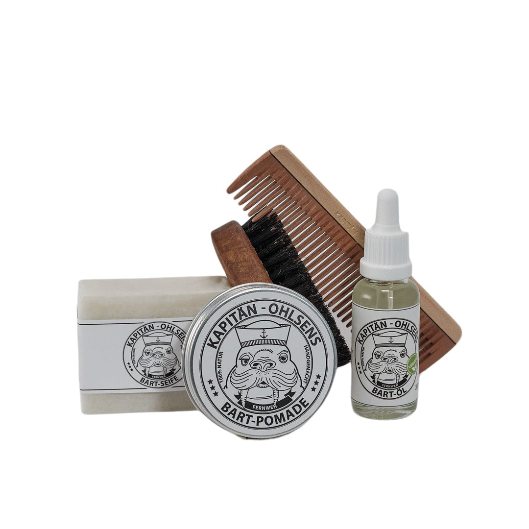 Kapitän Ohlsens Bartpflege Set Kaphorn- Bartöl + Bartpomade + Bartseife + Bartbürste +Bartkamm - han