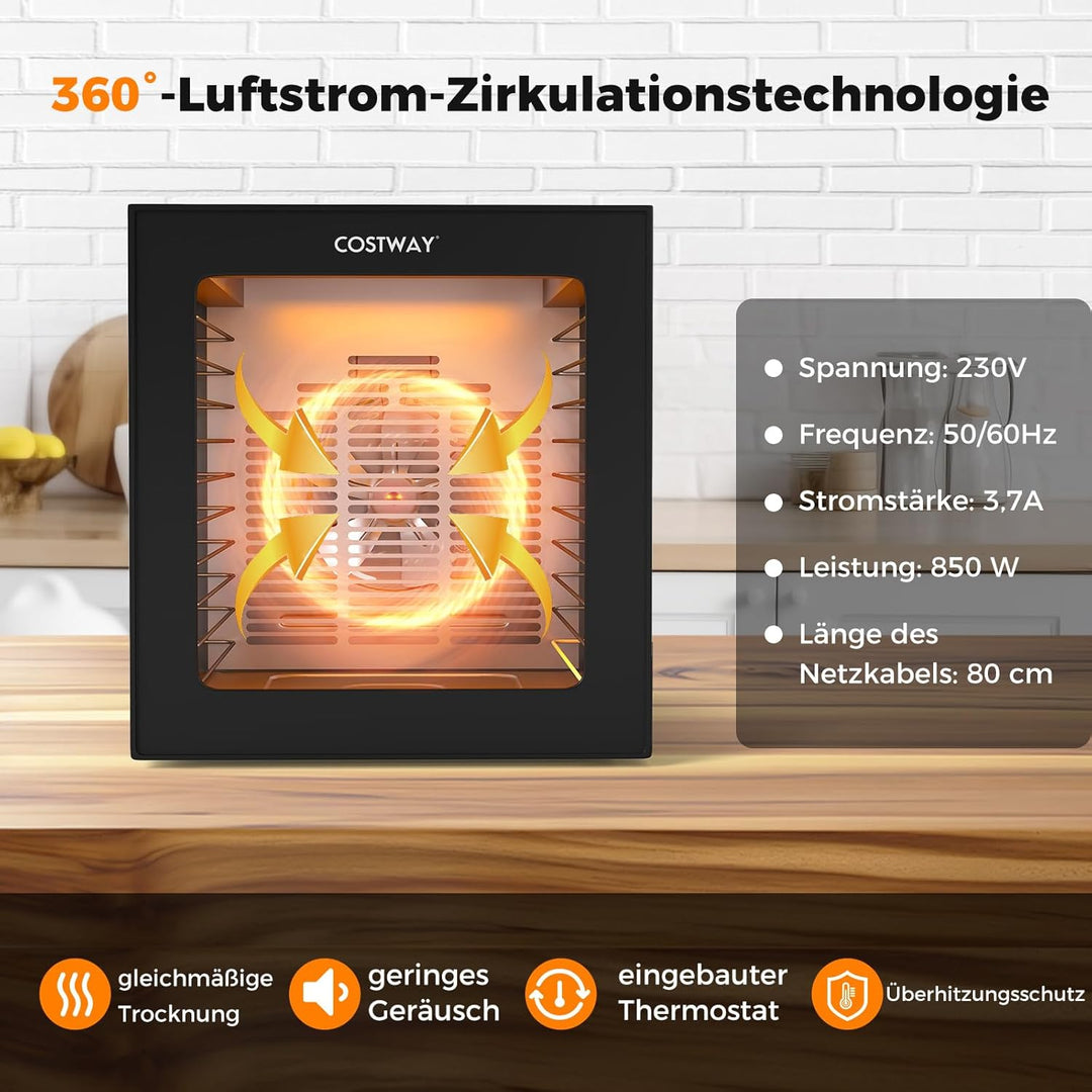 COSTWAY 850W Dörrautomat inkl. 10 Edelstahl-Schalen, Dörrgerät mit 10 voreingestellten Programmen, 4