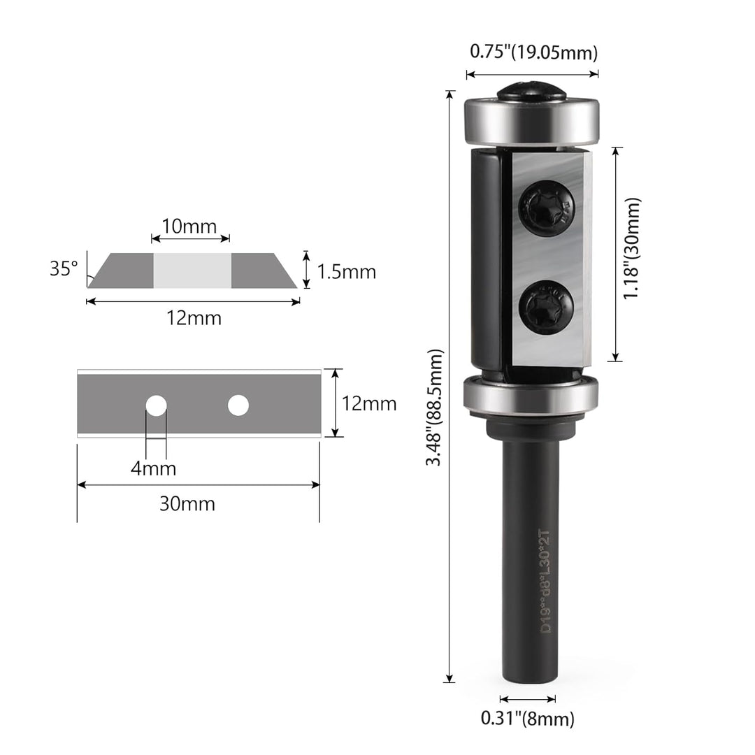 Trvoxviq Wendeplatten Bündigfräser 8mm Schaft, Bündigfräser Oberfräse mit 2-seitigen Austauschbare H