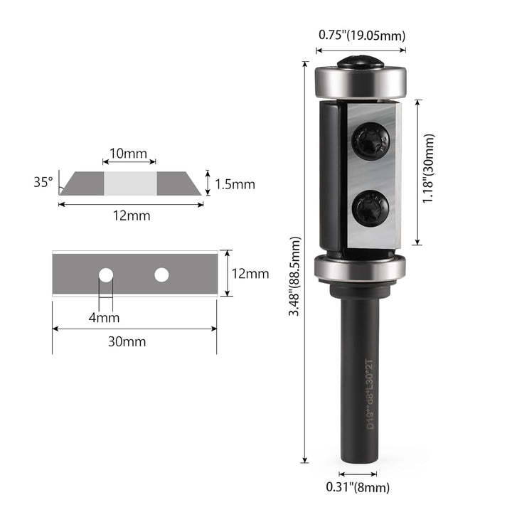 Trvoxviq Wendeplatten Bündigfräser 8mm Schaft, Bündigfräser Oberfräse mit 2-seitigen Austauschbare H