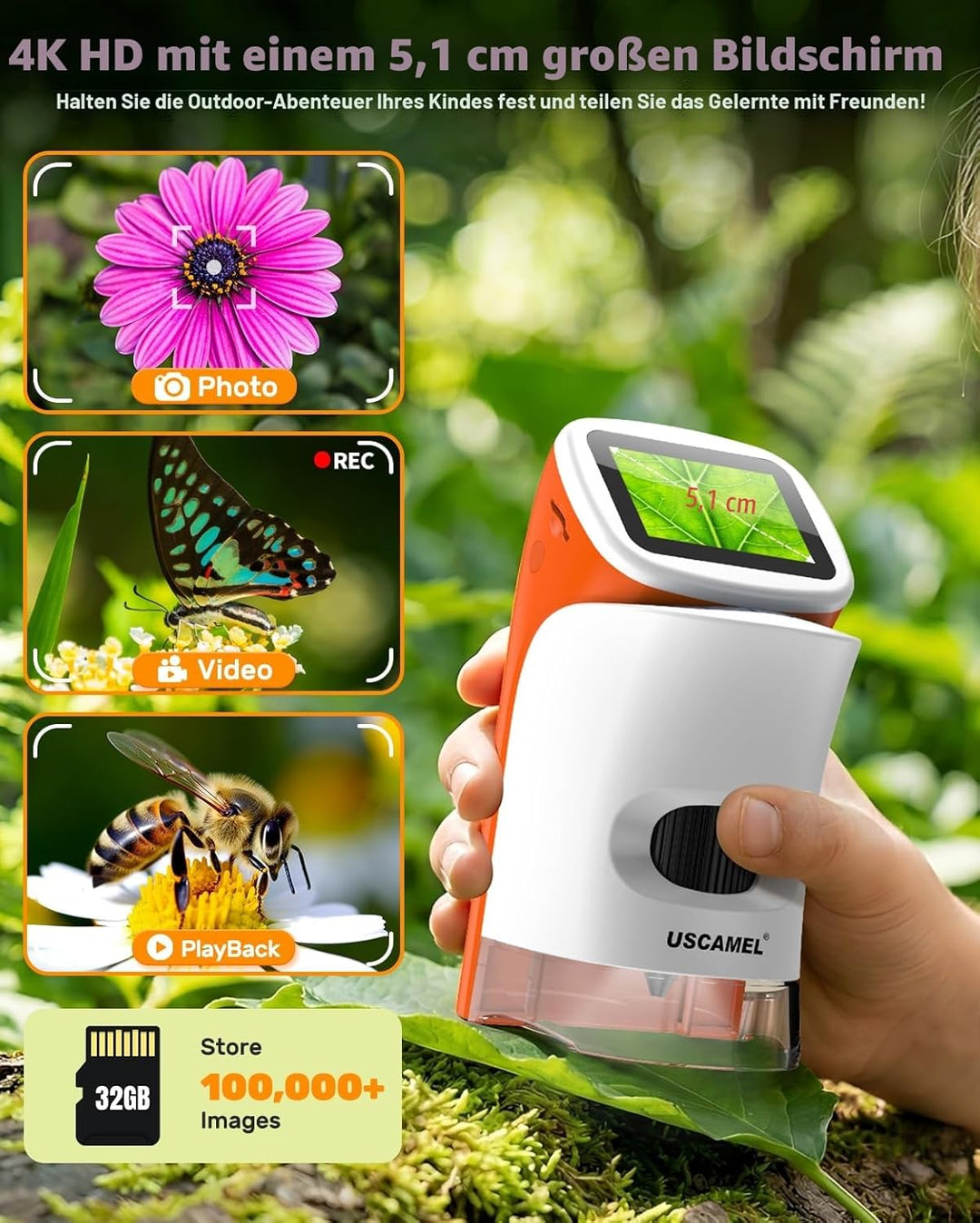 Mikroskop für Kinder mit Stand: Digitales Handmikroskop 100 – 1000 x: LCD-Display 4 K, 2,0 Zoll, USB