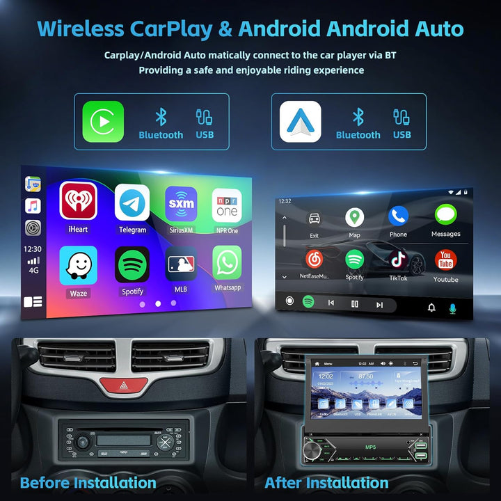Hikity Autoradio 1 din mit Ausfahrbarem Display 7 Zoll, Radio 1 din mit Wireless Carplay Android Aut