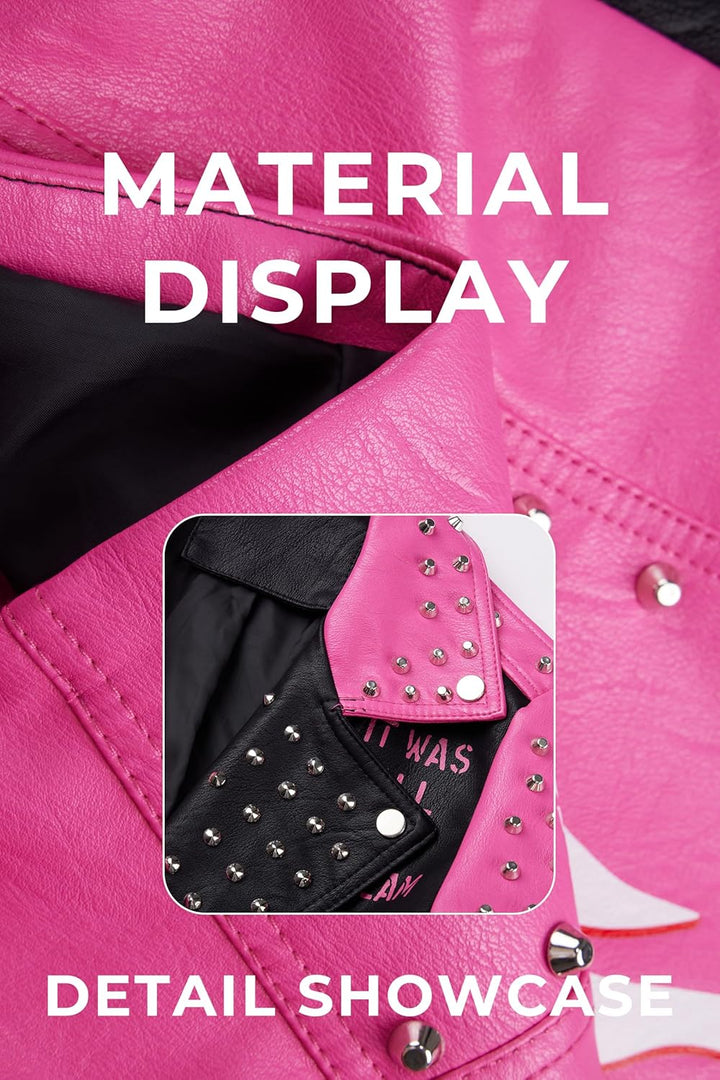 Giolshon Damen Kunstleder Jacke Nieten Floral Moto Biker Kurzer Revers Mantel 3XL 0376_Rosa, 3XL 037