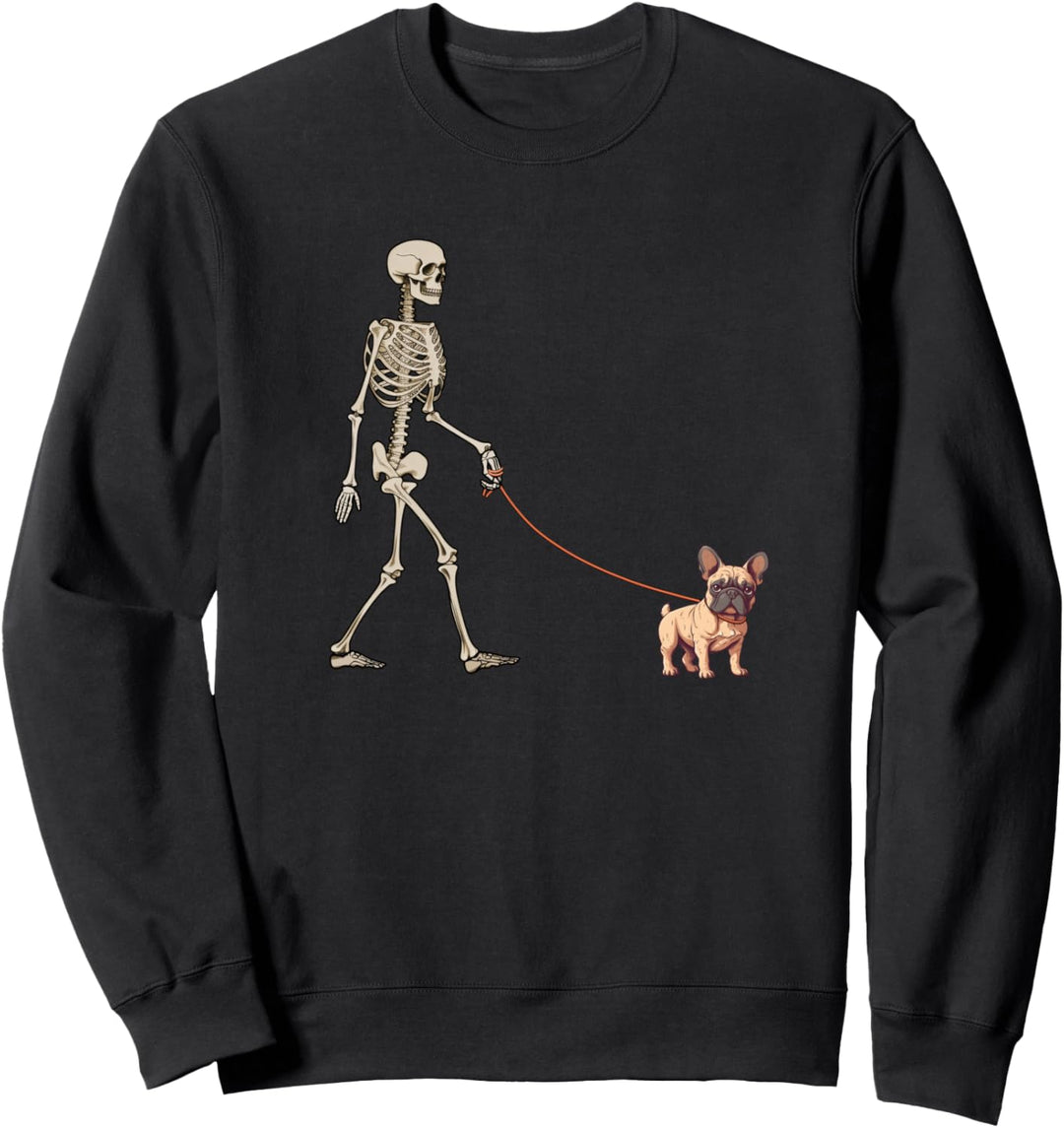 Lustige Französische Bulldogge Skelett Hund Walking Halloween Sweatshirt