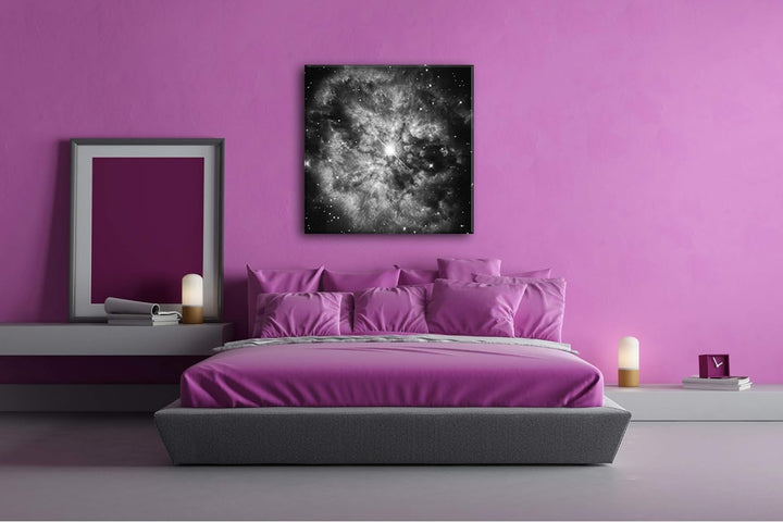 Sternen Nebel im Kosmos Format: 70x70 Effekt: Schwarz&Weiss als Leinwandbild, Motiv auf Echtholzrahm