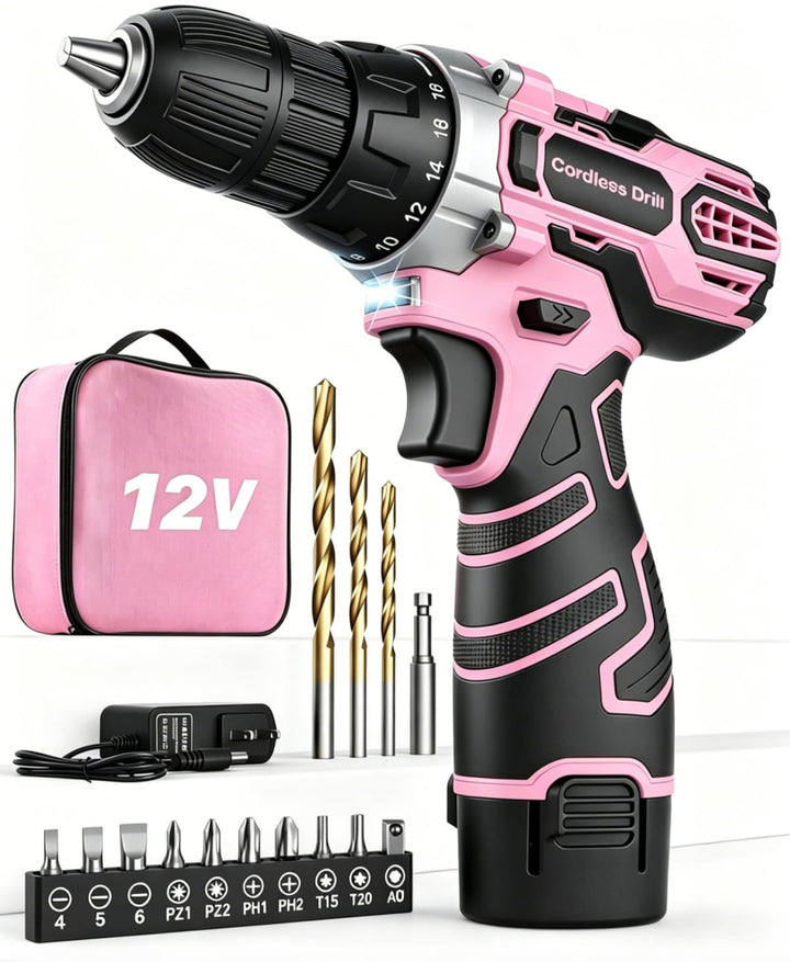 Akkuschrauber 12V Pink Rosa, Akkubohrer Klein, Akku Bohrschrauber Set mit 15 Zubehör und Tasche, 18+