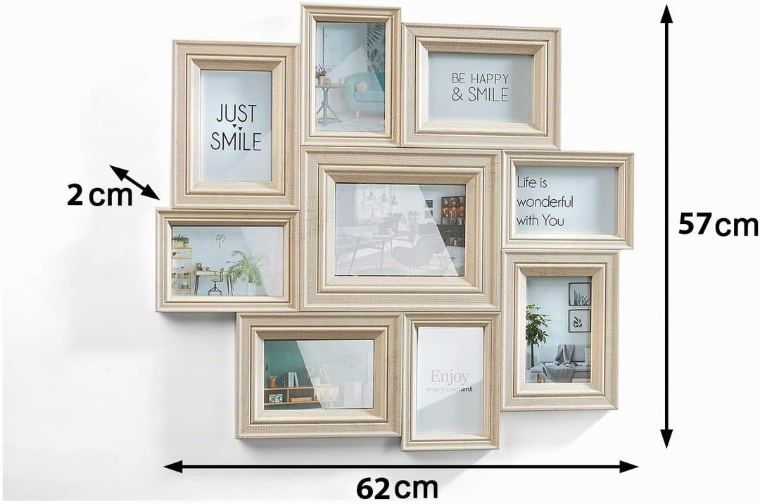 Kobolo Bilderrahmen Bilderhalter Collage BEIGE für 9 Bilder aus Holz in beige 10x15cm und 13x18cm, b