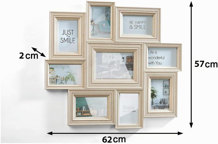Kobolo Bilderrahmen Bilderhalter Collage BEIGE für 9 Bilder aus Holz in beige 10x15cm und 13x18cm, b