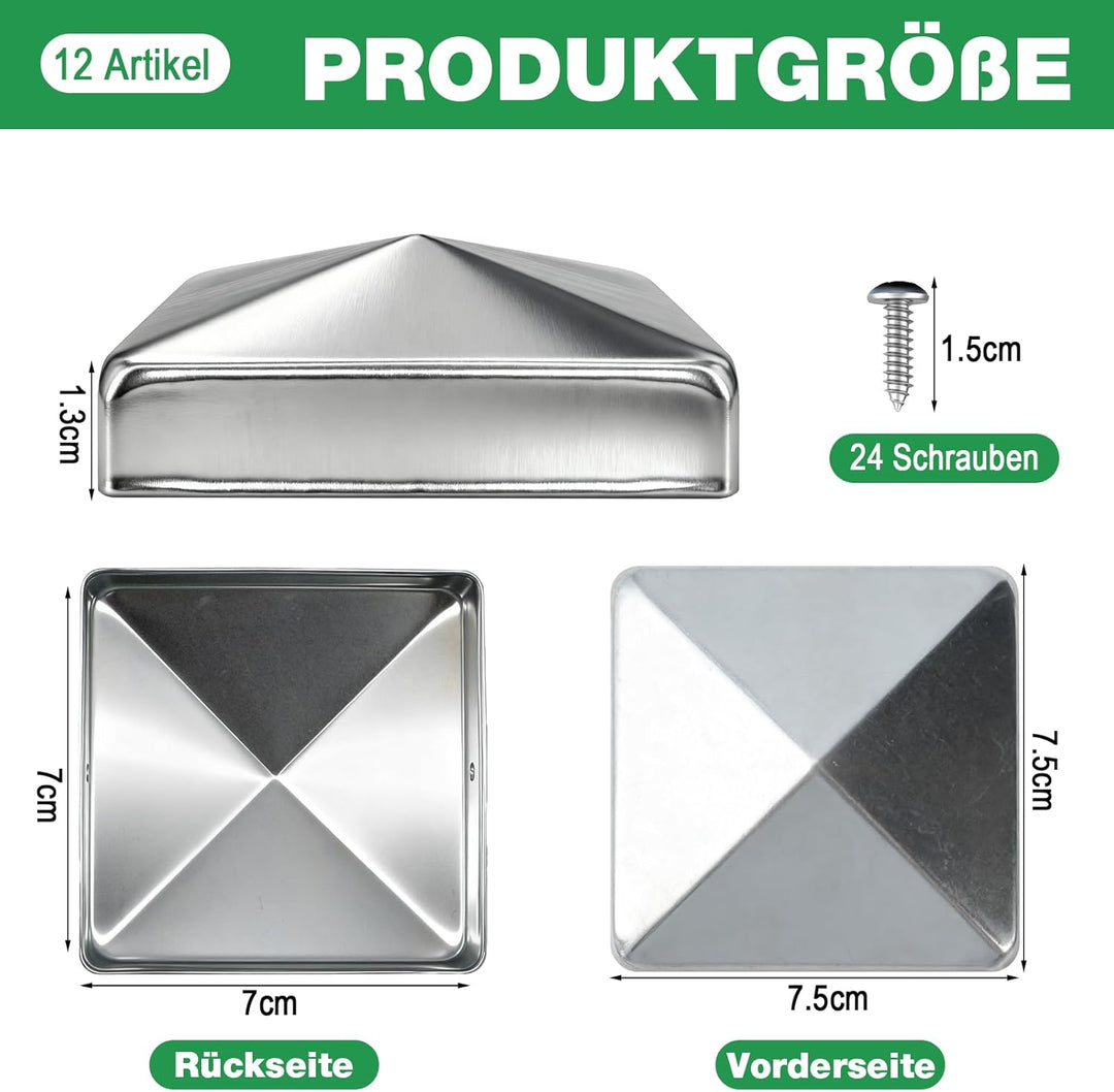 Pfostenkappe 7x7 cm 12 Stück mit 24 Schrauben, Verzinkte Metall Pfostenkappen in Pyramidenform, Zaun