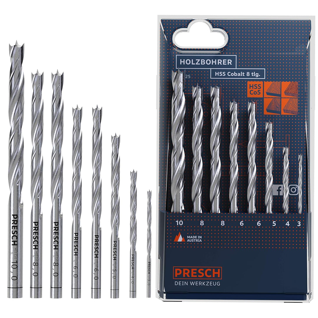 Presch Holzbohrer Set HSS Cobalt 8-tlg - Hochwertige 5% cobaltlegierte HSS Bohrer für Holz zum Bohre