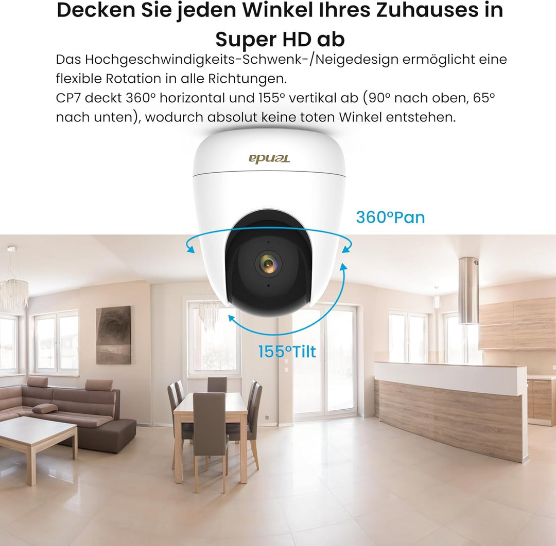 Tenda 2K+ 4MP Überwachungskamera Innen 360° schwenkbare IP Kamera mit 2-Wege-Audio, 2560 x 1440p Auf