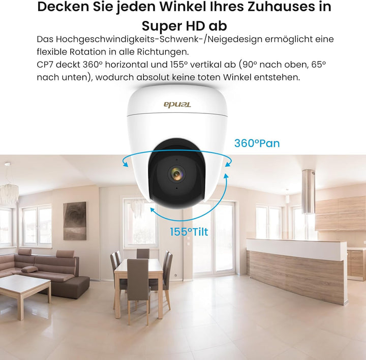 Tenda 2K+ 4MP Überwachungskamera Innen 360° schwenkbare IP Kamera mit 2-Wege-Audio, 2560 x 1440p Auf