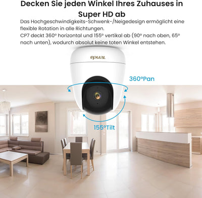Tenda 2K+ 4MP Überwachungskamera Innen 360° schwenkbare IP Kamera mit 2-Wege-Audio, 2560 x 1440p Auf