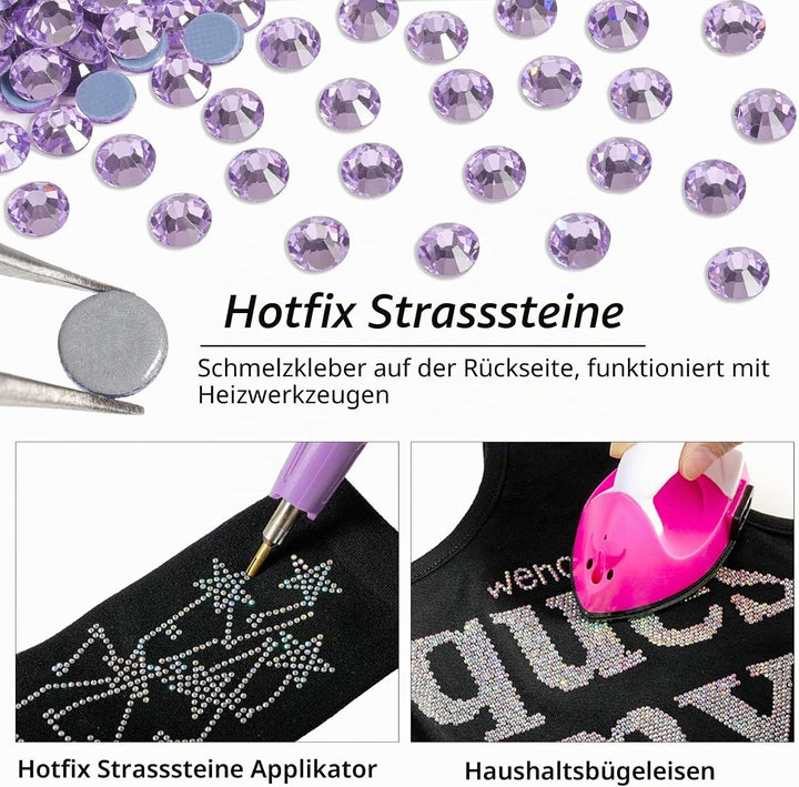 Beadsland Hotfix Strasssteine, 1440 Stück Flache Lila Rückseite Kristall Strasssteine zum Basteln Kl
