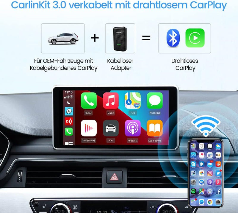 CarlinKit 3.0 Wireless CarPlay-Aktivator, bringt sensorlose Verbindung, kompatibel mit kabelgebunden