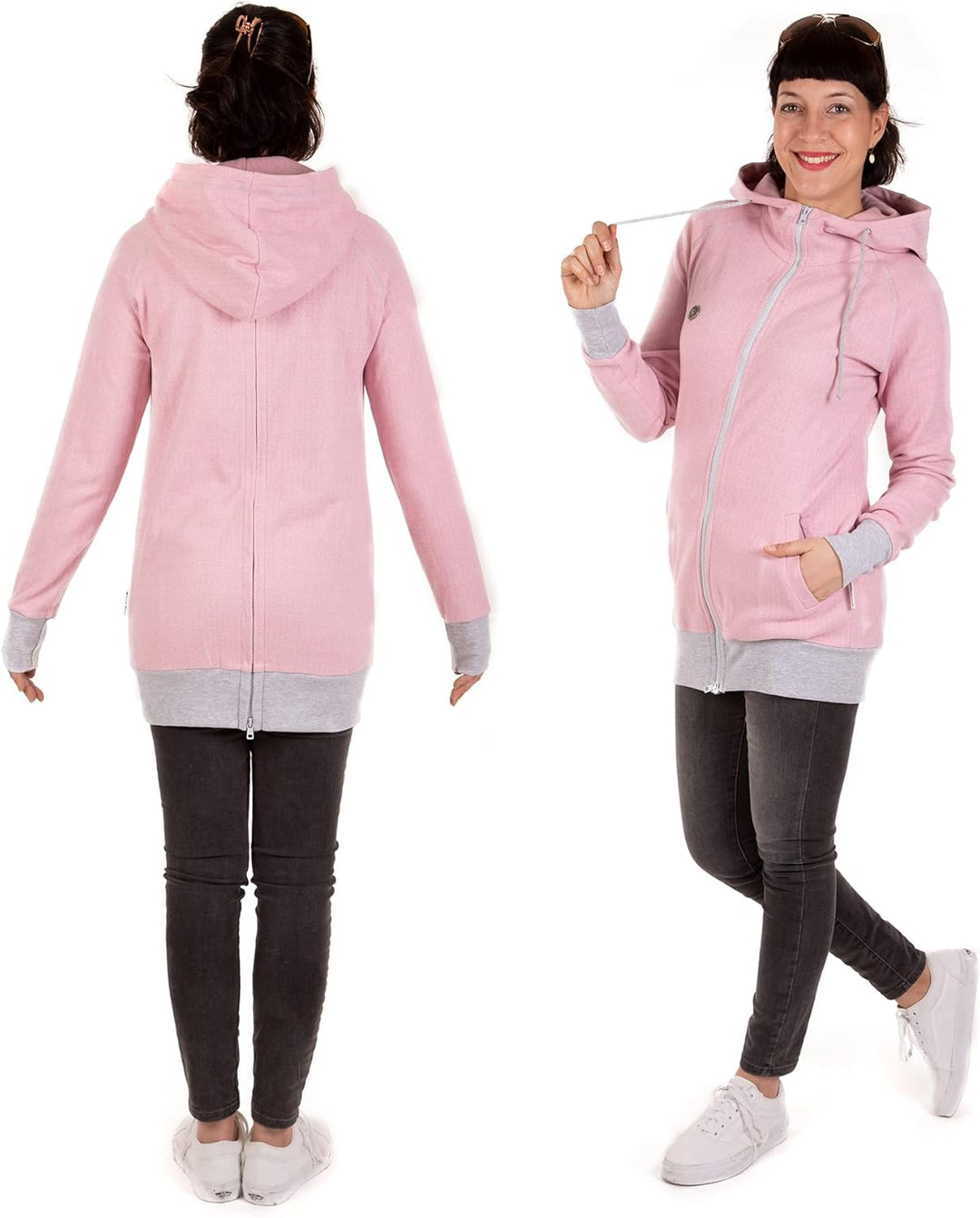 Viva la Mama 3in1 leichte Tragejacke für Mama und Baby, Umstandsjacke - CLEO XS Rosa - Vorn und Hint