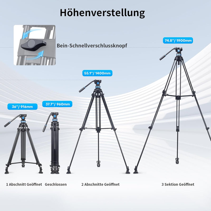 SIRUI Stativ Kamera Videostativ mit Fluidkopf AM-25S, 190cm professionelles Aluminium Dreibein-Stati