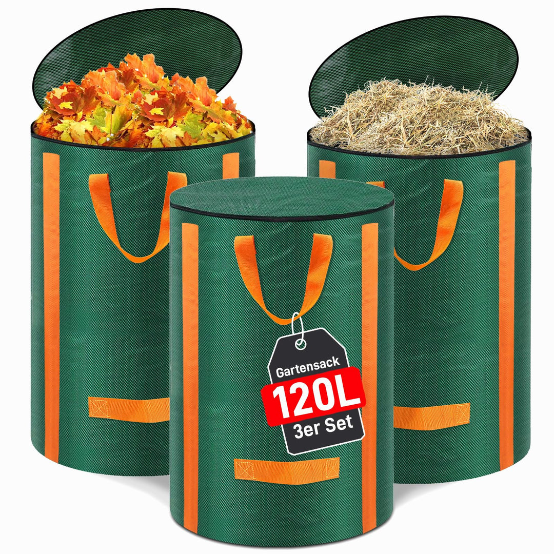 3x Gartenabfallsack stabil 120L - Selbststehend Gartensack Laubsack mit Deckel, Wiederverwendbar Grü