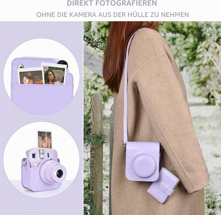 HIYQIN Kamera Tasche Kompatibel mit Fujifilm Instax Mini 12, Ästhetisch Kunstleder Hülle mit Mini Fo